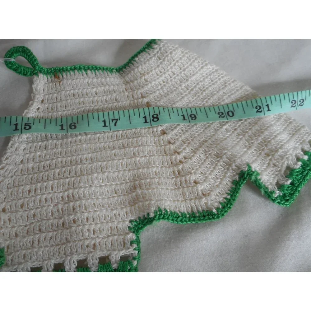 Lot 2 Vintage Hand Crocheted Pot Holder Trivet Cream Green Pants shorts hanging